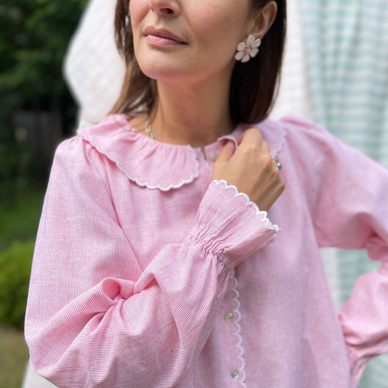 De Beauvoir Blouse Cream Tea Stripe with Existential Scallop Embroidery