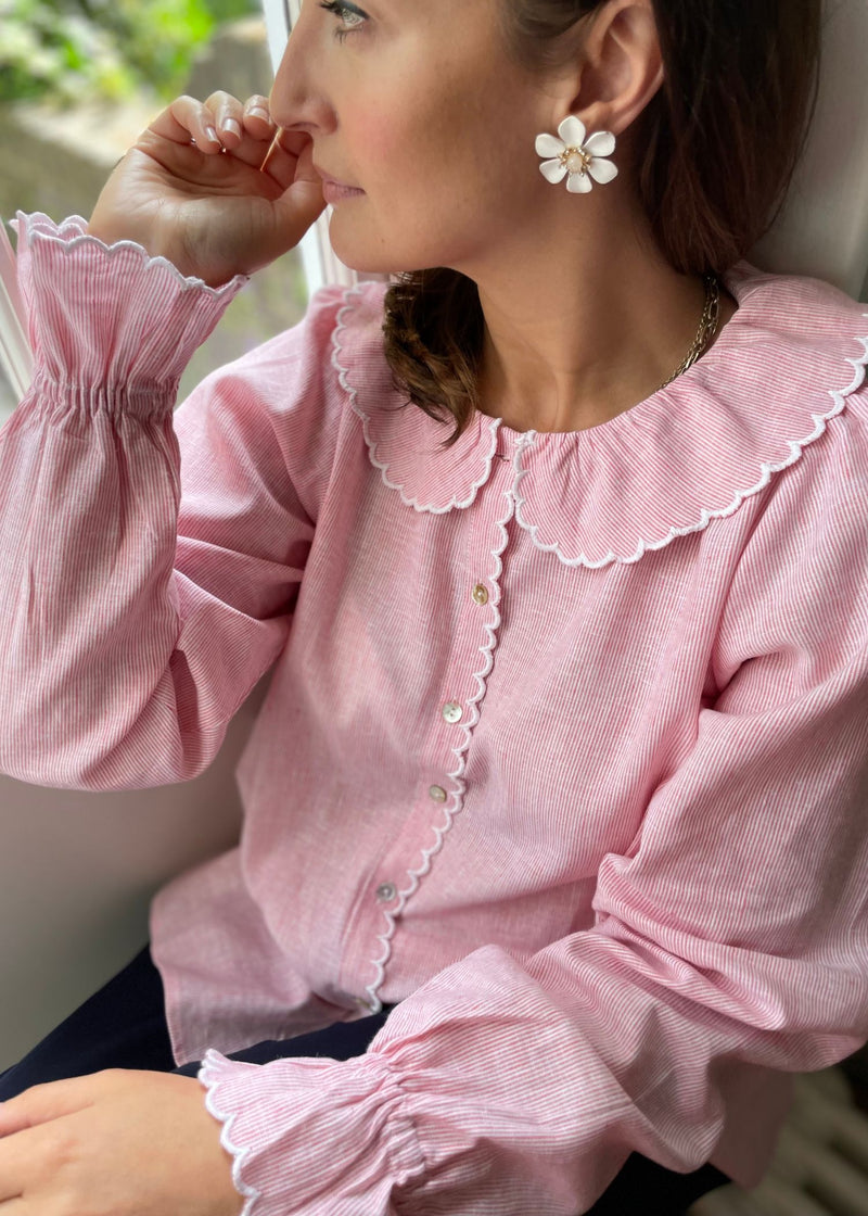 De Beauvoir Blouse Cream Tea Stripe with Existential Scallop Embroidery