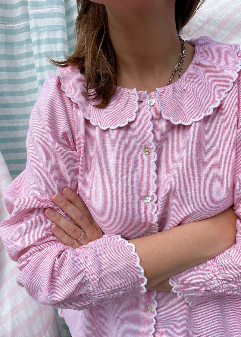 De Beauvoir Blouse Cream Tea Stripe with Existential Scallop Embroidery