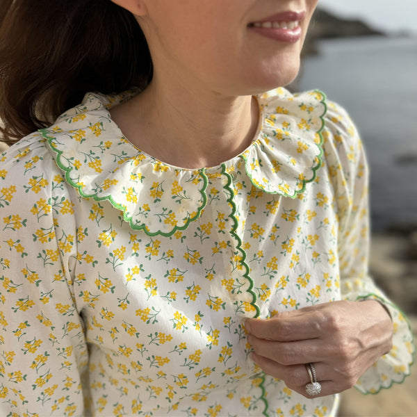 De Beauvoir Blouse Yellow Daisy with Spring Greens Embroidery