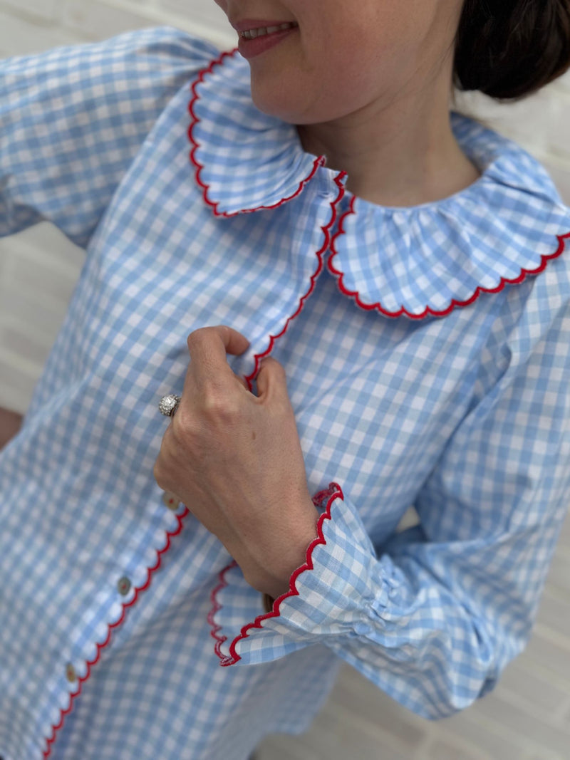 De Beauvoir Blouse Baby Blue Gingham with Russian Red Embroidery
