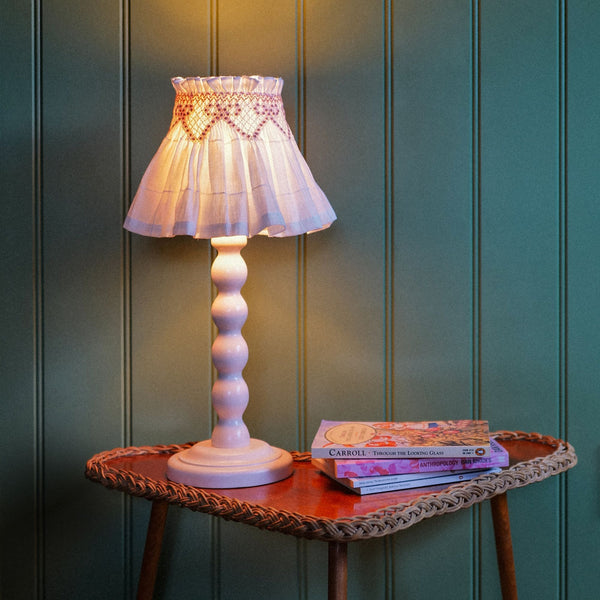 Edit58 x Smock London Elsie Lampshade Skirt White Grid with Dusty Pink Bows Hand Smocking