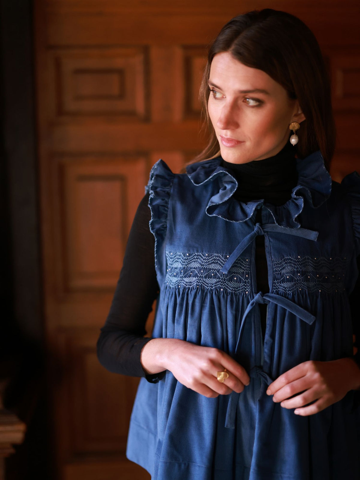 Large Edith Wharton Waistcoat Cornflower Needlecord with Chambray Hand Smocking Edition 2