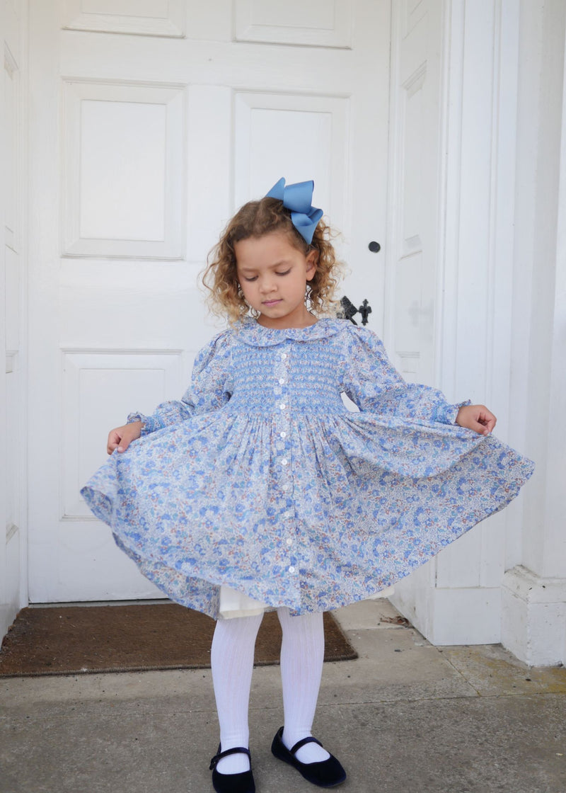 Elizabeth Blackwell Dress with Neptune's Fortune Hand Smocking made with Liberty Claire Aude Fabric