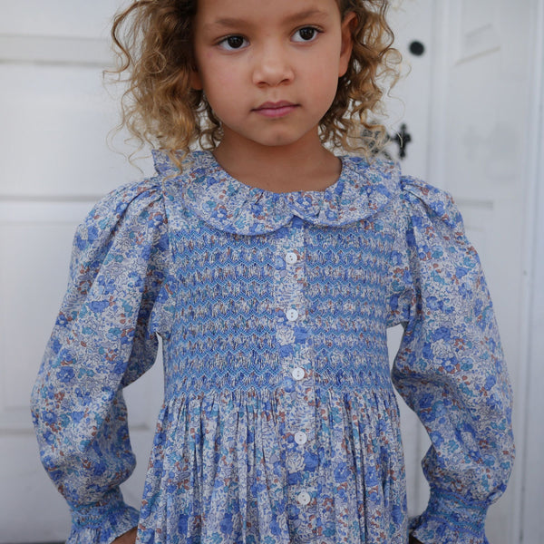 Elizabeth Blackwell Dress with Neptune's Fortune Hand Smocking made with Liberty Claire Aude Fabric