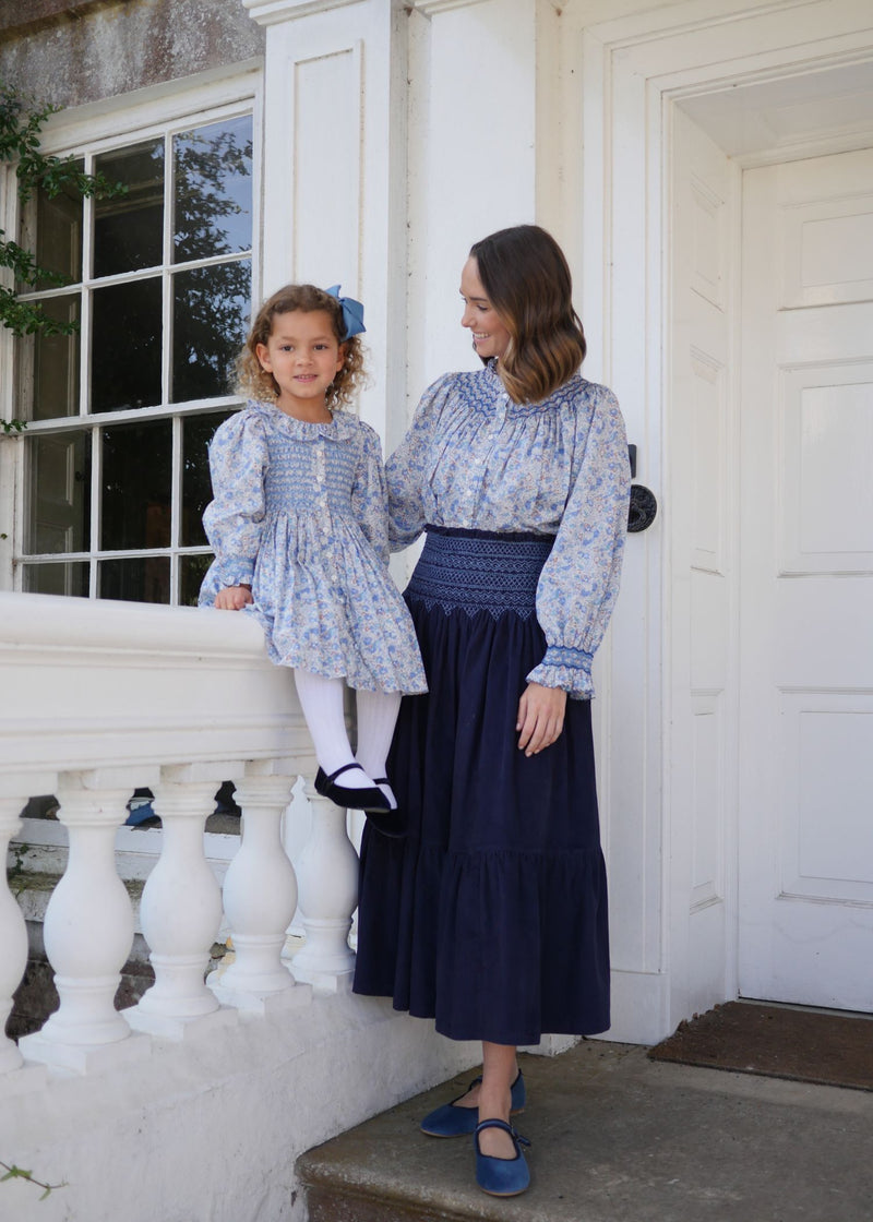 Elizabeth Blackwell Dress with Neptune's Fortune Hand Smocking made with Liberty Claire Aude Fabric