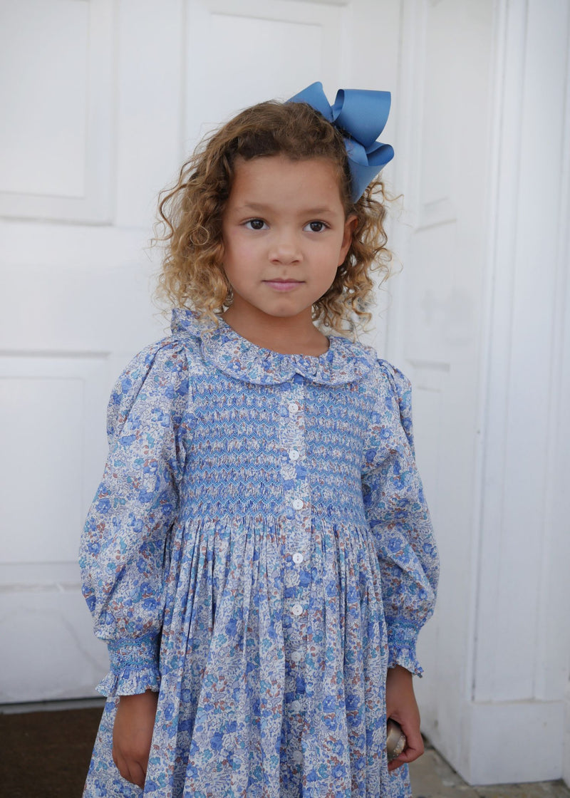 Elizabeth Blackwell Dress with Neptune's Fortune Hand Smocking made with Liberty Claire Aude Fabric