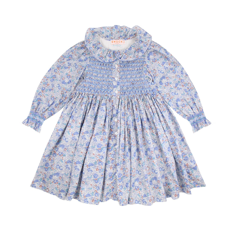 Elizabeth Blackwell Dress with Neptune's Fortune Hand Smocking made with Liberty Claire Aude Fabric