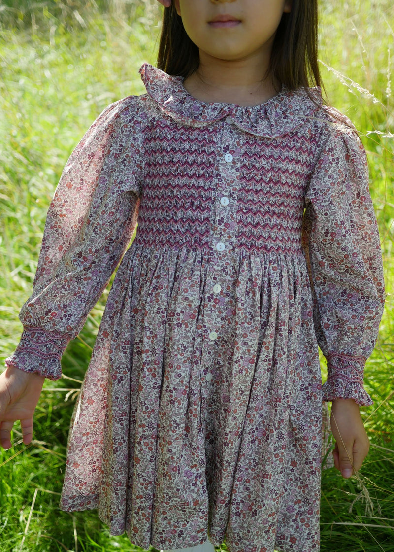 Elizabeth Blackwell Dress with Rhubarb Crumble Hand Smocking made with Liberty Ava Fabric