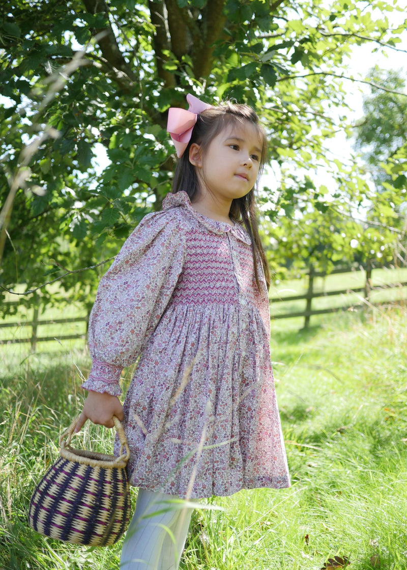 Elizabeth Blackwell Dress with Rhubarb Crumble Hand Smocking made with Liberty Ava Fabric