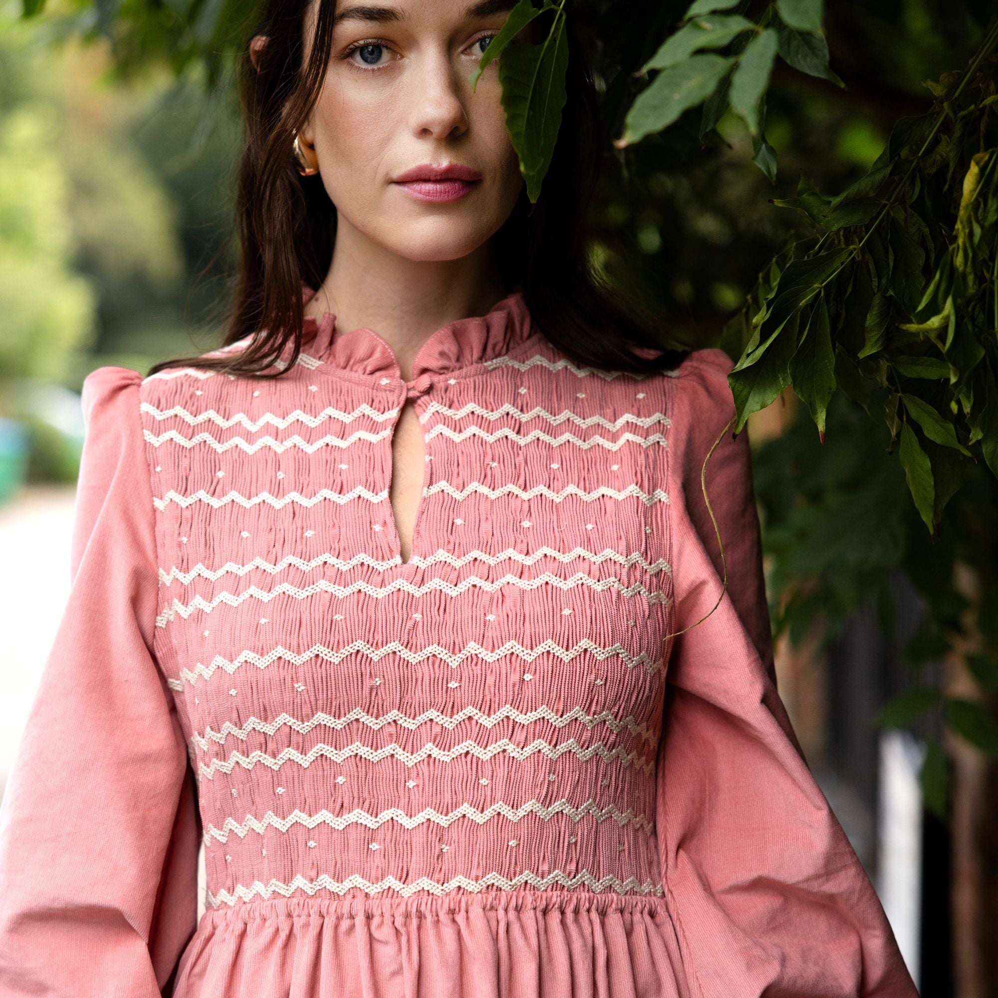 S/M Emmeline Pankhurst Women's Dress Rosehip Pink Needlecord with Full Moon Hand smocking