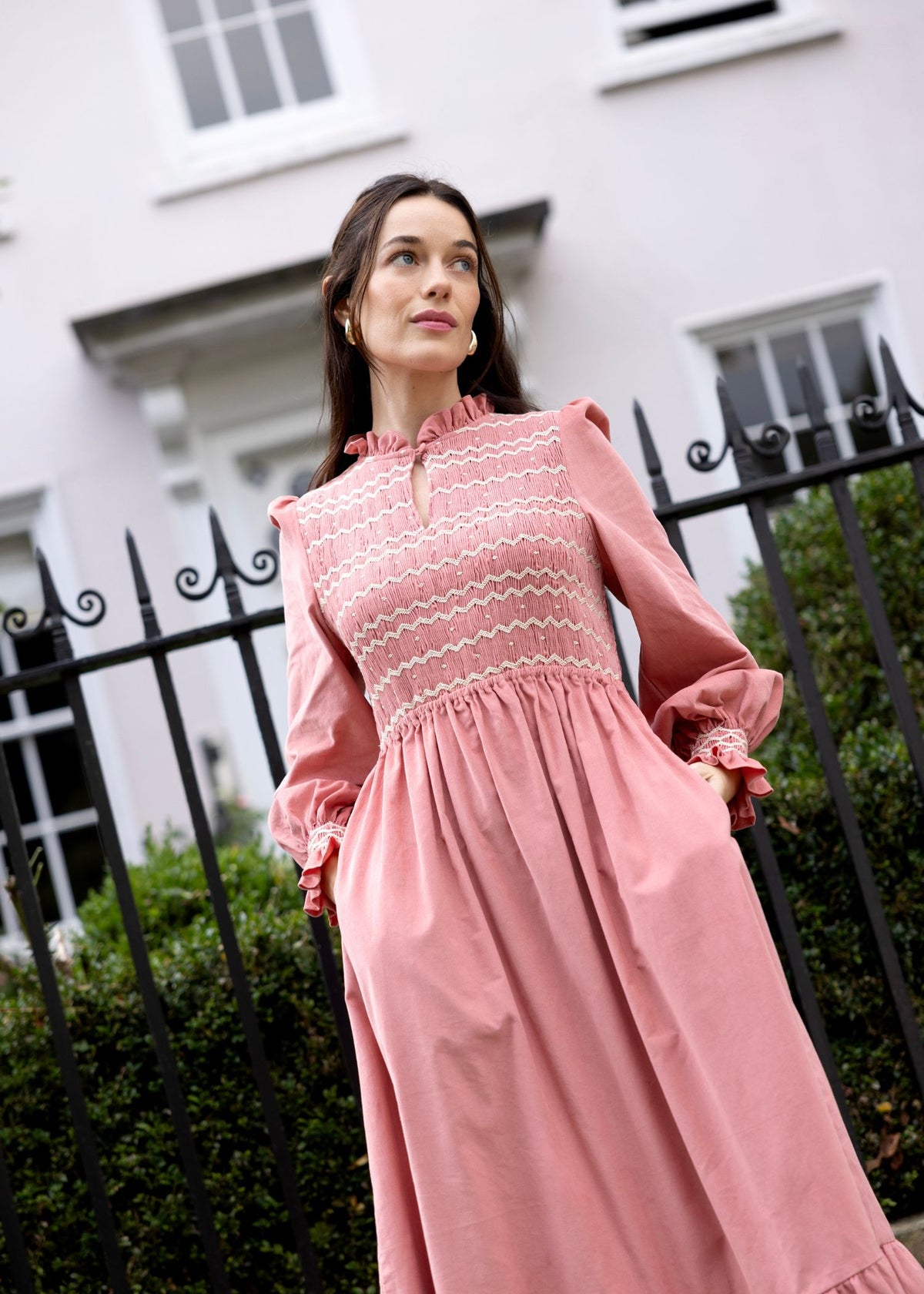 S/M Emmeline Pankhurst Women's Dress Rosehip Pink Needlecord with Full Moon Hand smocking