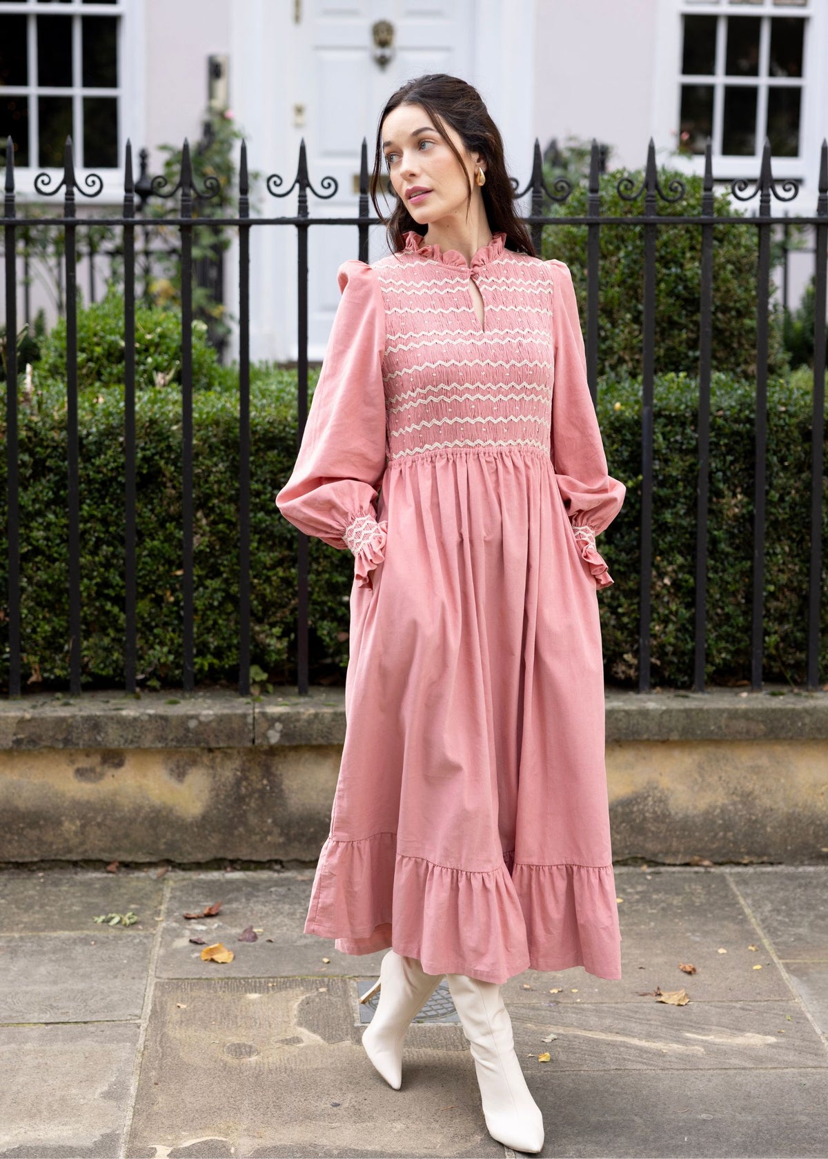 S/M Emmeline Pankhurst Women's Dress Rosehip Pink Needlecord with Full Moon Hand smocking