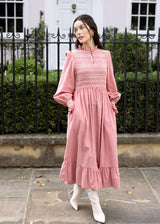 Emmeline Pankhurst Women's Dress Rosehip Pink Needlecord with Full Moon Hand smocking