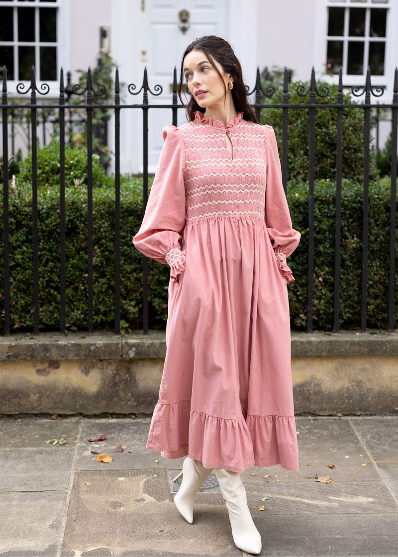 Emmeline Pankhurst Women's Dress Rosehip Pink Needlecord with Full Moon Hand smocking