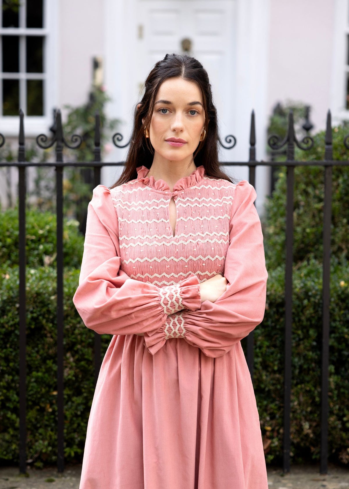 S/M Emmeline Pankhurst Women's Dress Rosehip Pink Needlecord with Full Moon Hand smocking