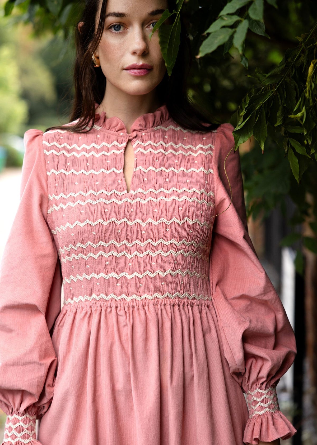 S/M Emmeline Pankhurst Women's Dress Rosehip Pink Needlecord with Full Moon Hand smocking