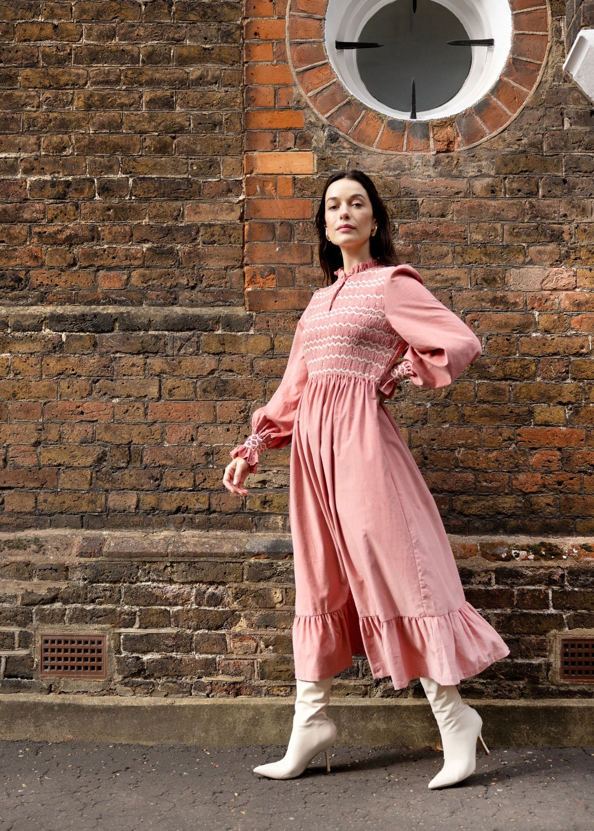 S/M Emmeline Pankhurst Women's Dress Rosehip Pink Needlecord with Full Moon Hand smocking