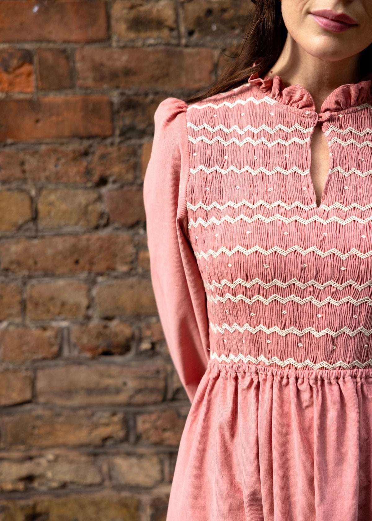 S/M Emmeline Pankhurst Women's Dress Rosehip Pink Needlecord with Full Moon Hand smocking