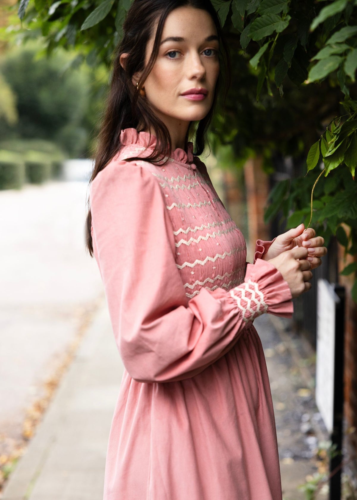 S/M Emmeline Pankhurst Women's Dress Rosehip Pink Needlecord with Full Moon Hand smocking