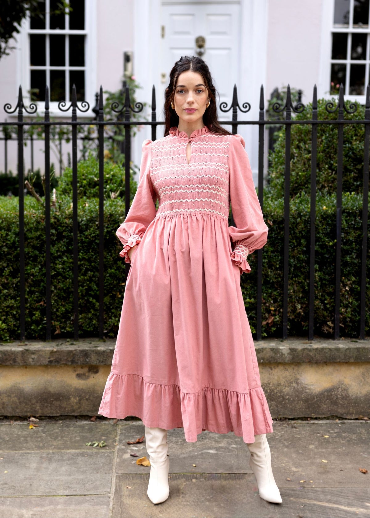 S/M Emmeline Pankhurst Women's Dress Rosehip Pink Needlecord with Full Moon Hand smocking