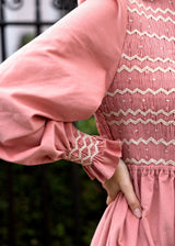 Emmeline Pankhurst Women's Dress Rosehip Pink Needlecord with Full Moon Hand smocking