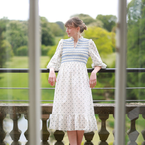 Emmeline Pankhurst Dress Brunnera Blooms with Forget Me Not Hand Smocking