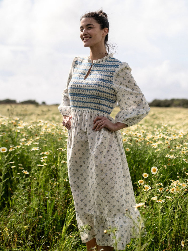 Emmeline Pankhurst Dress Brunnera Blooms with Forget Me Not Hand Smocking