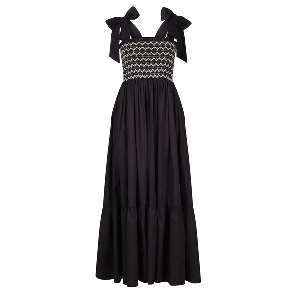 Grace Hopper Dress Obsidian Cotton Sateen with Queen's Gambit Hand Smocking
