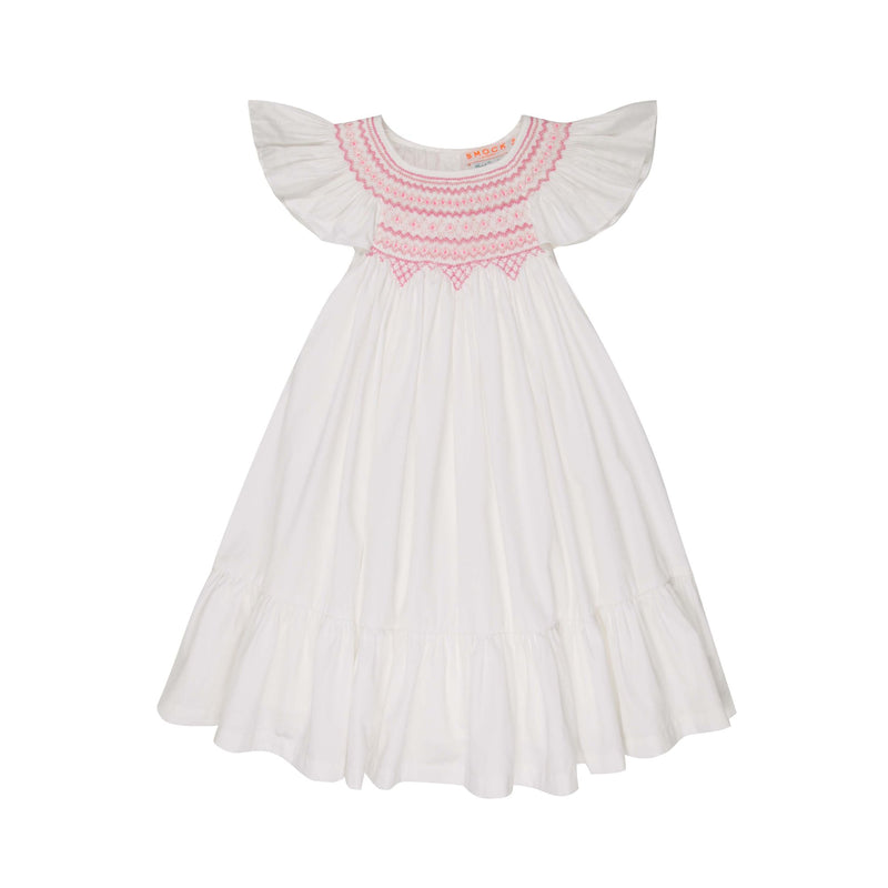 1-2 & 2-3y Indira Gandhi Flutter Dress Pearl Cotton Sateen with Think Pink Hand Smocking