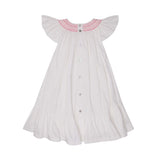 1-2 & 2-3y Indira Gandhi Flutter Dress Pearl Cotton Sateen with Think Pink Hand Smocking