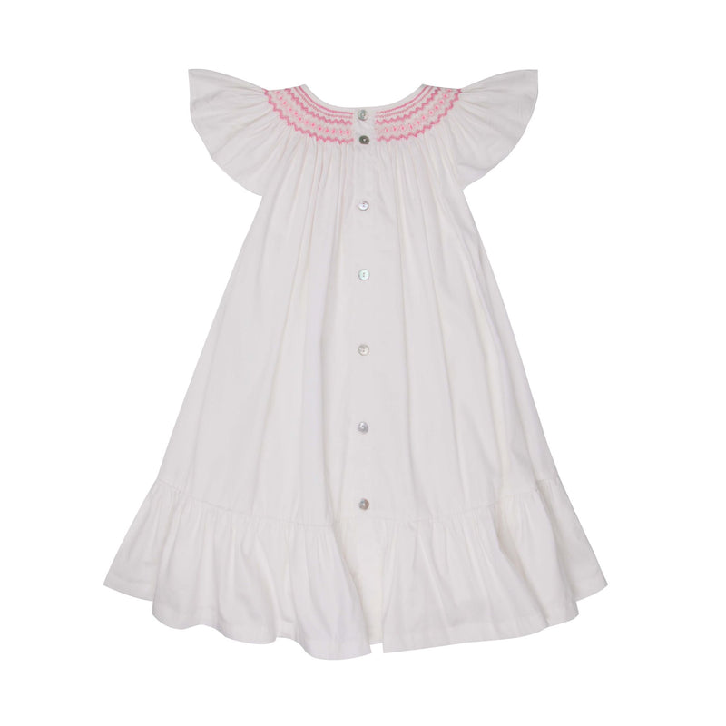 1-2 & 2-3y Indira Gandhi Flutter Dress Pearl Cotton Sateen with Think Pink Hand Smocking
