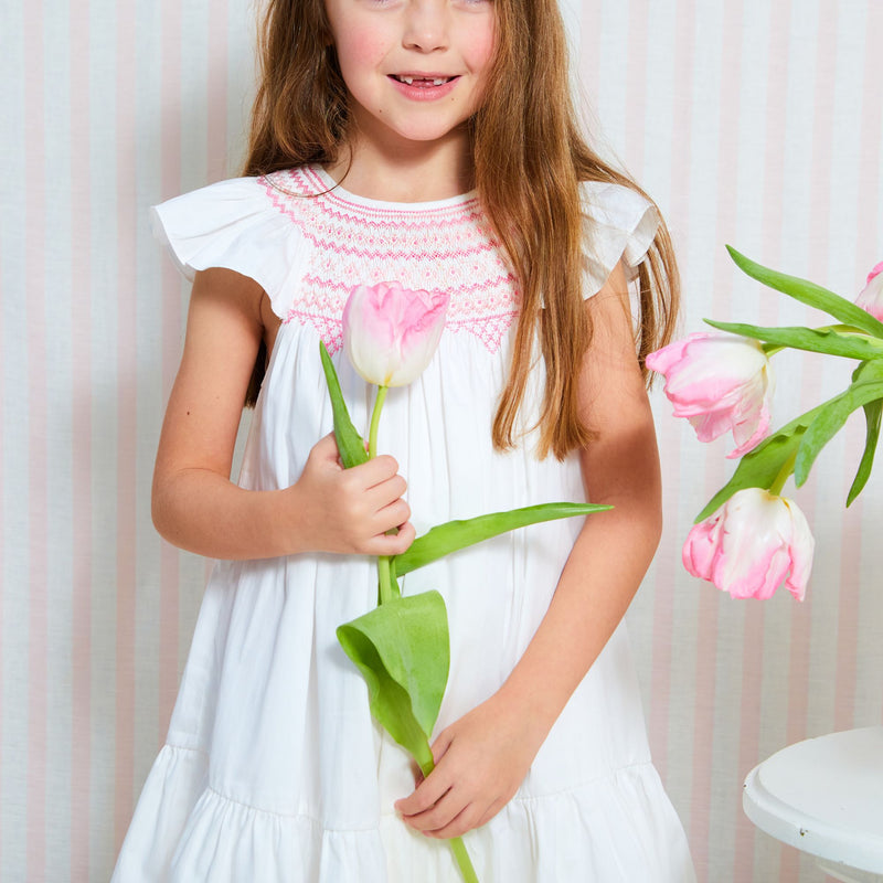 1-2 & 2-3y Indira Gandhi Flutter Dress Pearl Cotton Sateen with Think Pink Hand Smocking