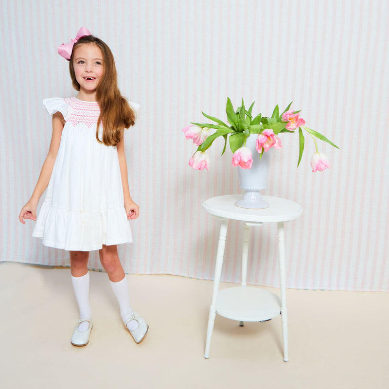 1-2 & 2-3y Indira Gandhi Flutter Dress Pearl Cotton Sateen with Think Pink Hand Smocking
