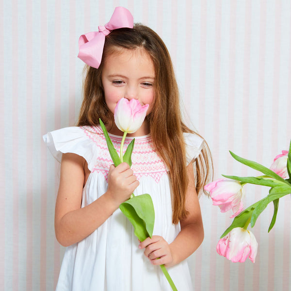 1-2 & 2-3y Indira Gandhi Flutter Dress Pearl Cotton Sateen with Think Pink Hand Smocking