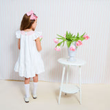 1-2 & 2-3y Indira Gandhi Flutter Dress Pearl Cotton Sateen with Think Pink Hand Smocking