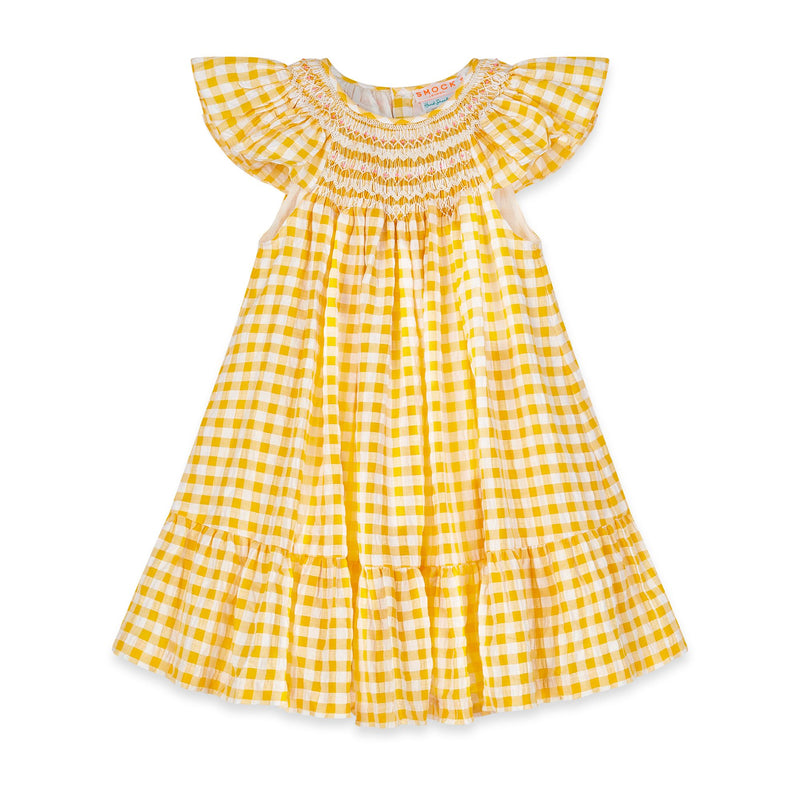 Indira Gandhi Flutter Dress Yellow Submarine Seersucker with Lychee Lemonade Hand Smocking