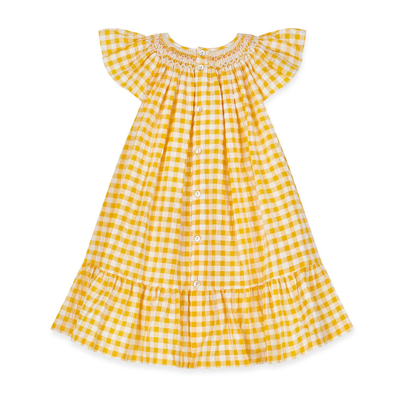 Indira Gandhi Flutter Dress Yellow Submarine Seersucker with Lychee Lemonade Hand Smocking