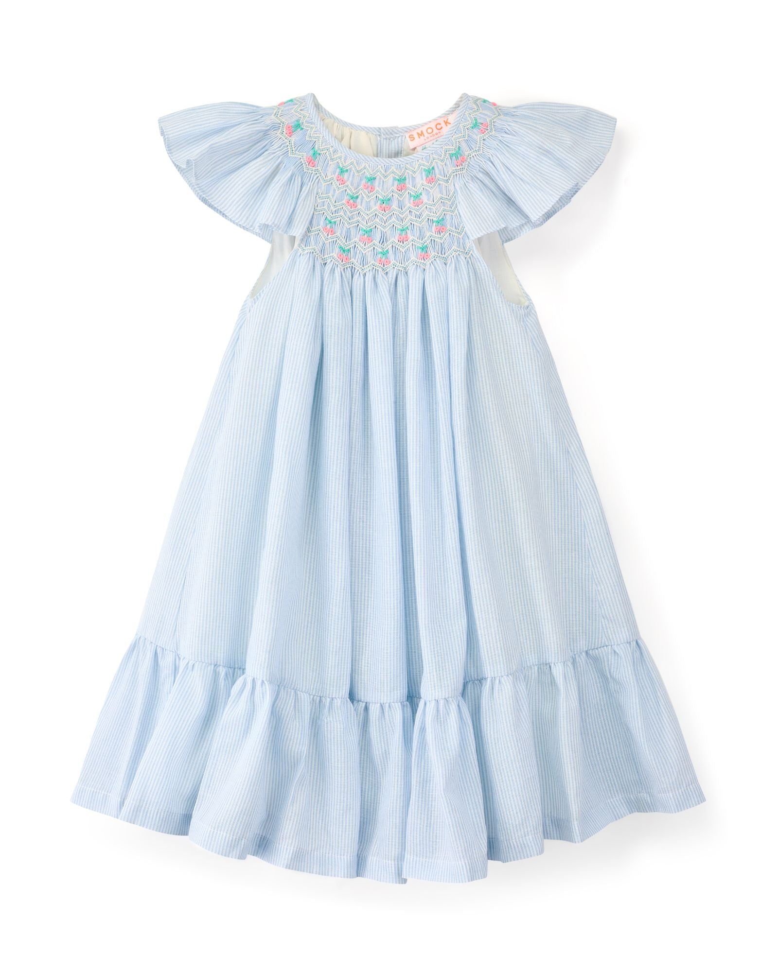 Indira Gandhi Flutter Dress Baby Blue Seersucker with Cherries Hand Smocking