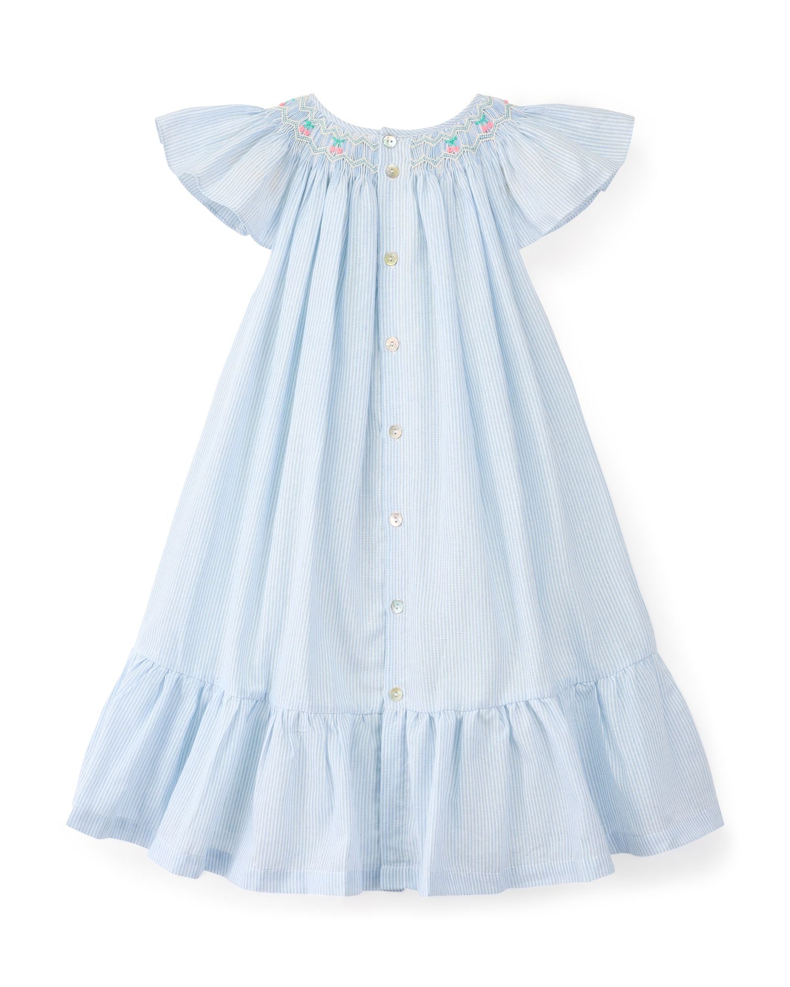 Indira Gandhi Flutter Dress Baby Blue Seersucker with Cherries Hand Smocking