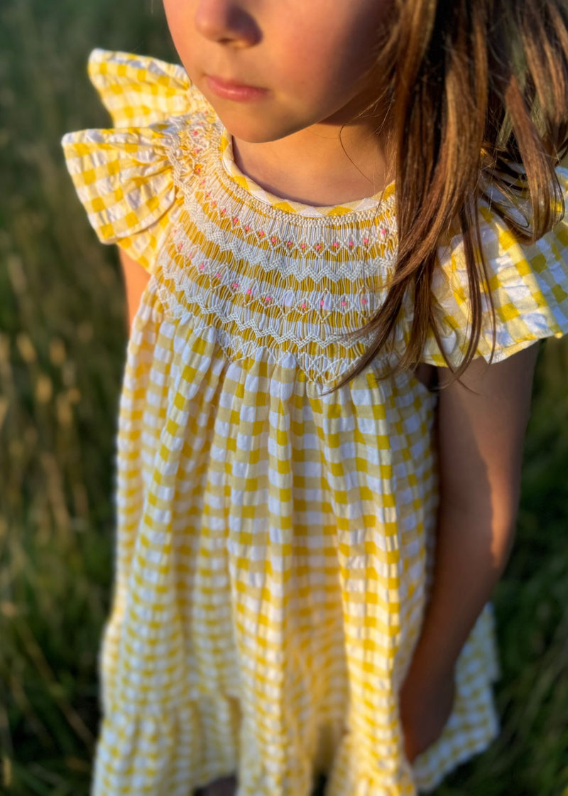 Indira Gandhi Flutter Dress Yellow Submarine Seersucker with Lychee Lemonade Hand Smocking