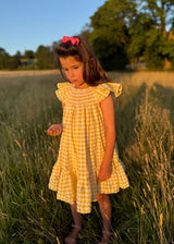 Indira Gandhi Flutter Dress Yellow Submarine Seersucker with Lychee Lemonade Hand Smocking