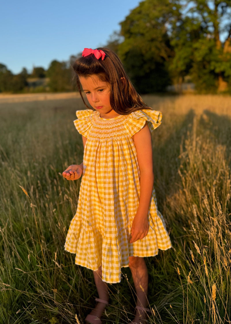Indira Gandhi Flutter Dress Yellow Submarine Seersucker with Lychee Lemonade Hand Smocking