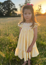 Indira Gandhi Flutter Dress Yellow Submarine Seersucker with Lychee Lemonade Hand Smocking