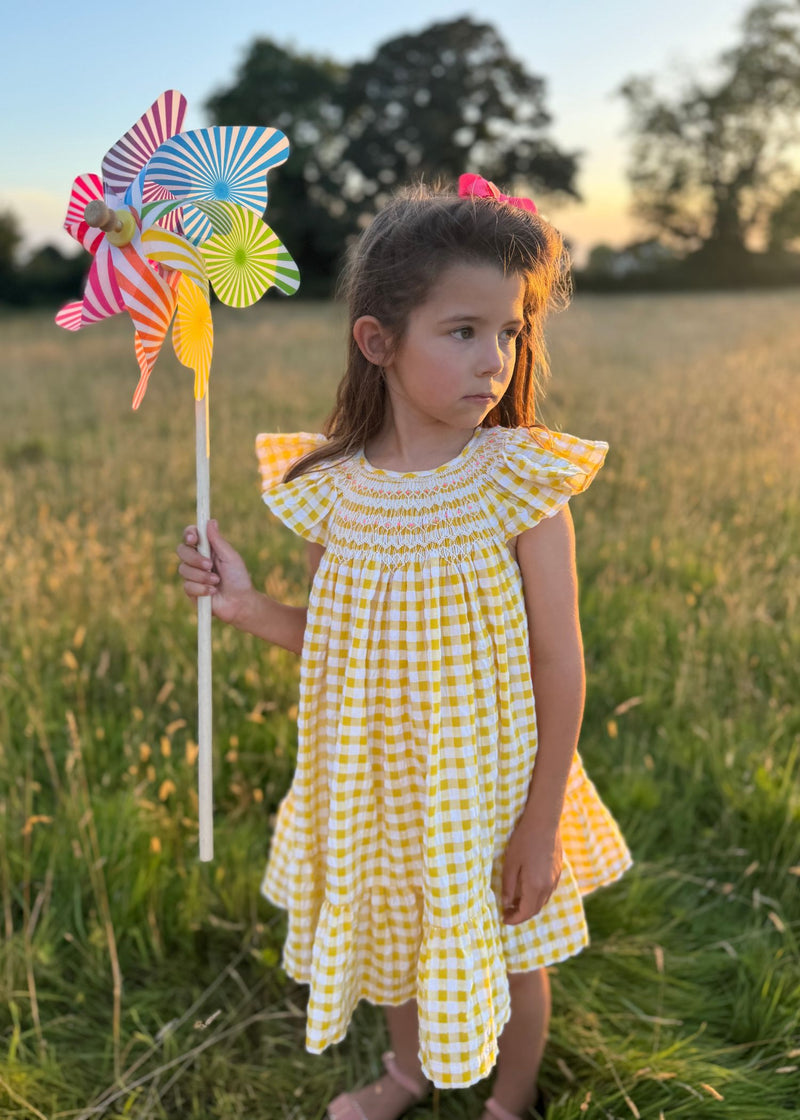 Indira Gandhi Flutter Dress Yellow Submarine Seersucker with Lychee Lemonade Hand Smocking