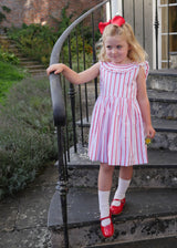 3-4y Isabella 1st Dress Aquafresh Stripe with Cherry Bowl Hand Smocking