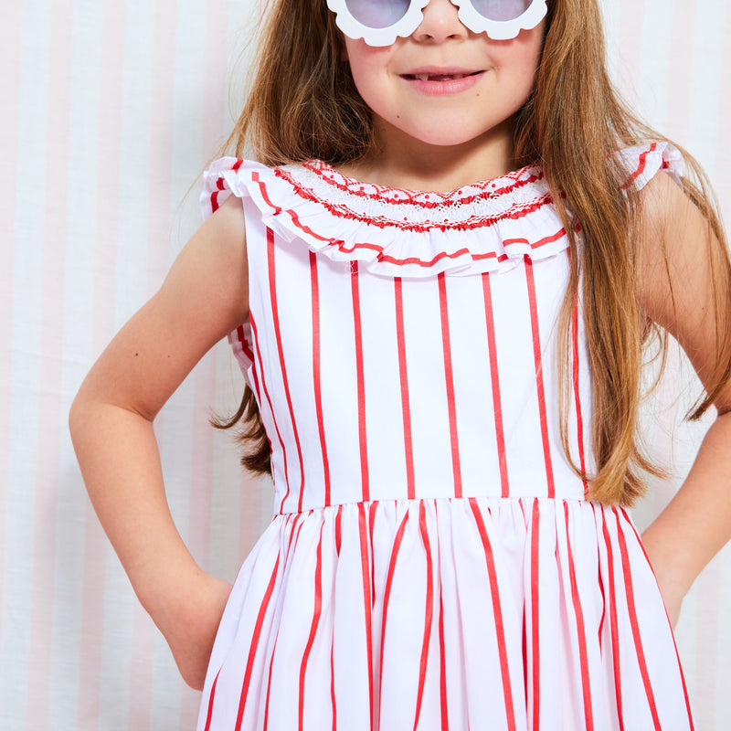 3-4y Isabella 1st Dress Aquafresh Stripe with Cherry Bowl Hand Smocking