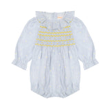 1-2y Jane Austen Romper Daisy Stripe with Lemon Sherbet Hand Smocking