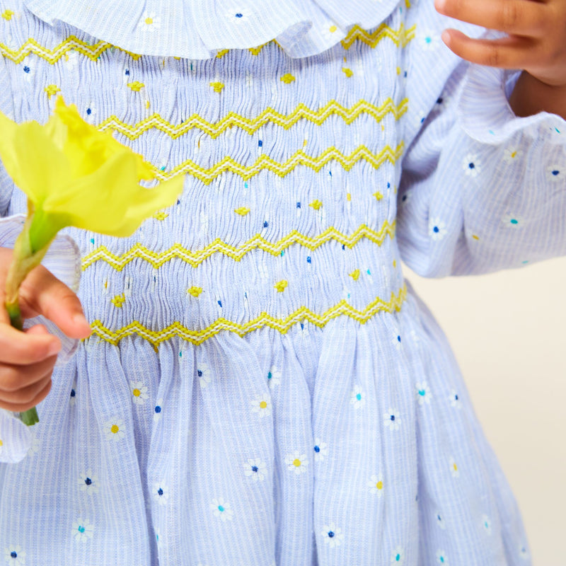 1-2y Jane Austen Romper Daisy Stripe with Lemon Sherbet Hand Smocking