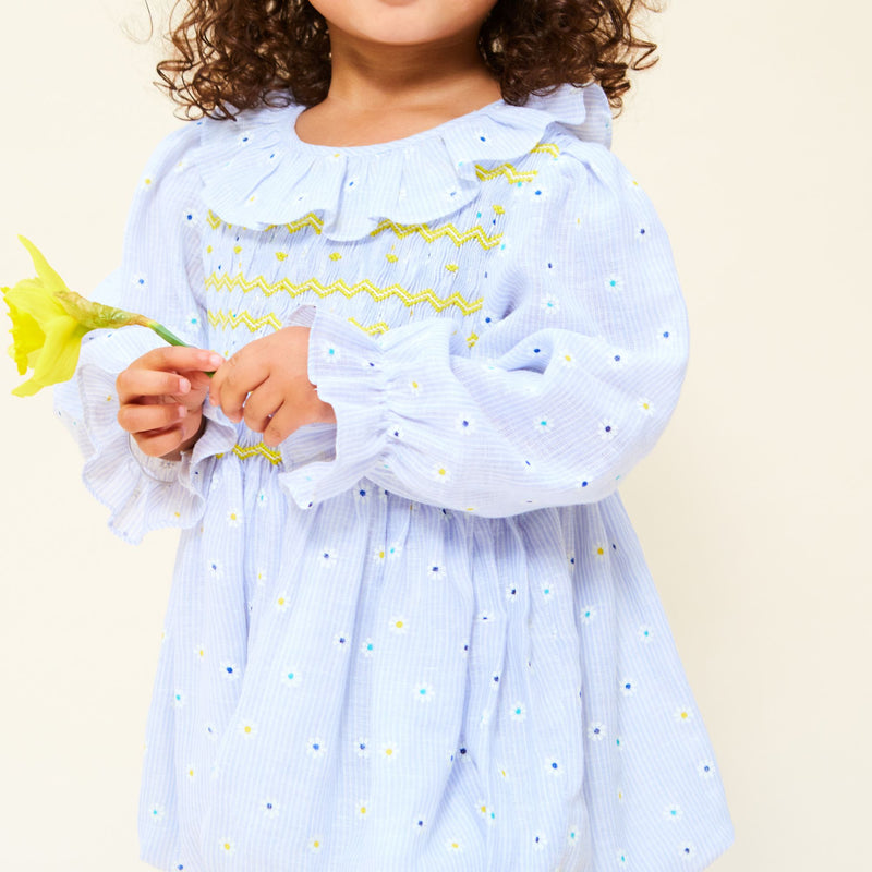 1-2y Jane Austen Romper Daisy Stripe with Lemon Sherbet Hand Smocking